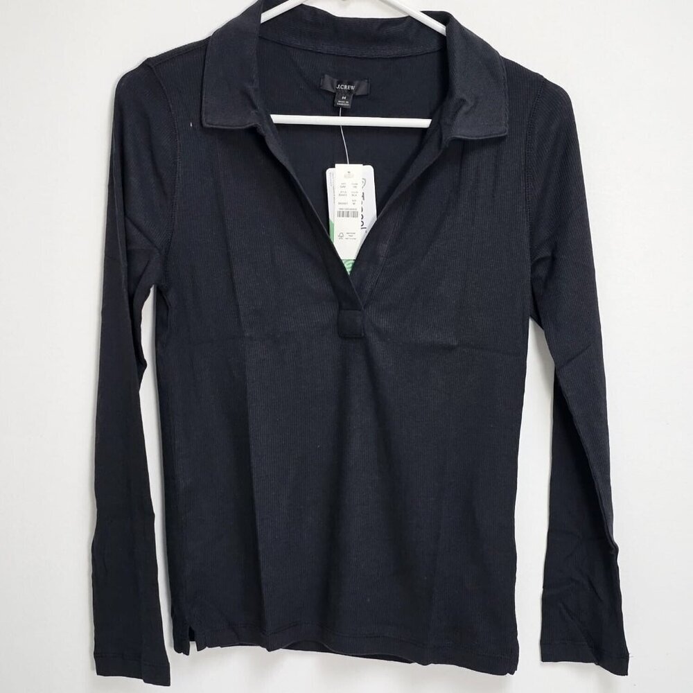 J.Crew Womens Black Ribbed Polo T-shirt Large Pullover Cotton Stretch BA415 New